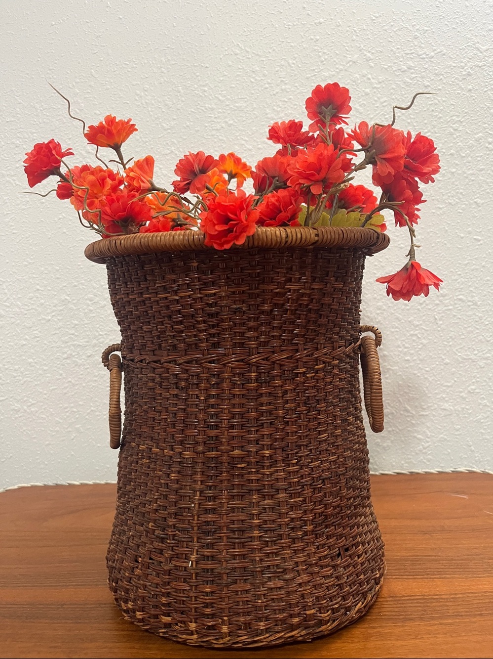Vintage Hour Glass Shape Woven Dark Brown Wicker Basket Vase and with ring loop
